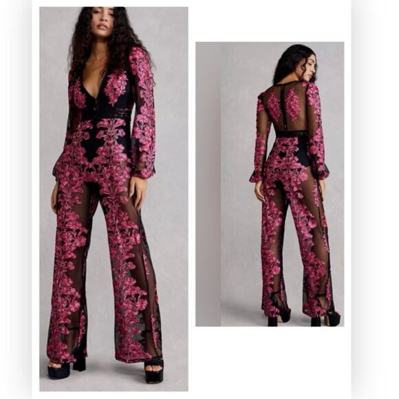 🍋 For Love & Lemons 🍋 Temecula Pink Black Floral Lace Embroidered Jumpsuit $398 - Picture 1 of 9